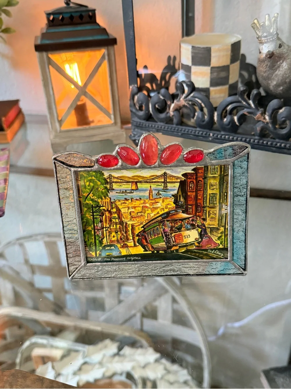 Vintage Stained Glass Picture Frame – Red Accents, Silver Metal Border - Picture 9 of 12
